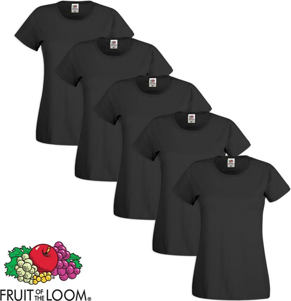 Fruit of the Loom Damen T-Shirt 5 Stk. Rundausschnitt Bw. Schwarz L