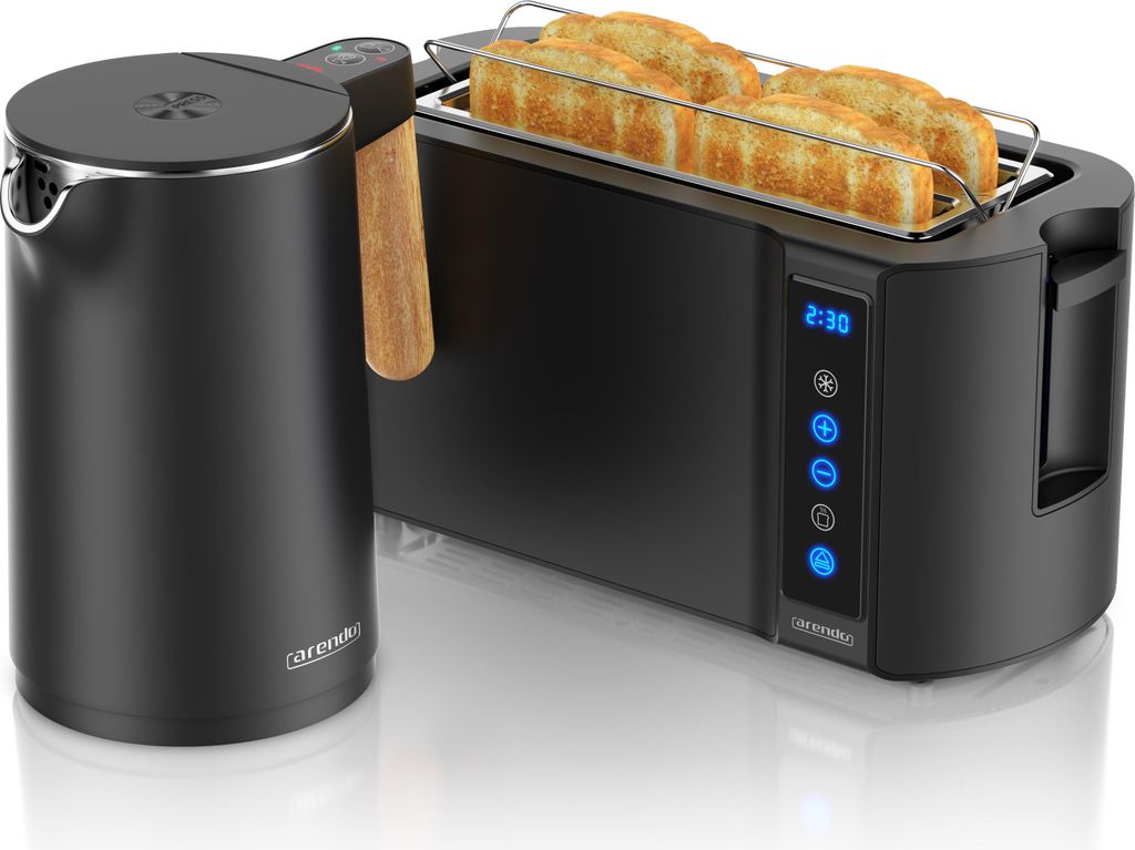 Arendo Frühstücks-Set Edelstahl, Wasserkocher mit Temperatureinstellung 1,5l, 4 Scheiben Langschlitztoaster, 4 Scheiben Toaster, Brötchenaufsatz...