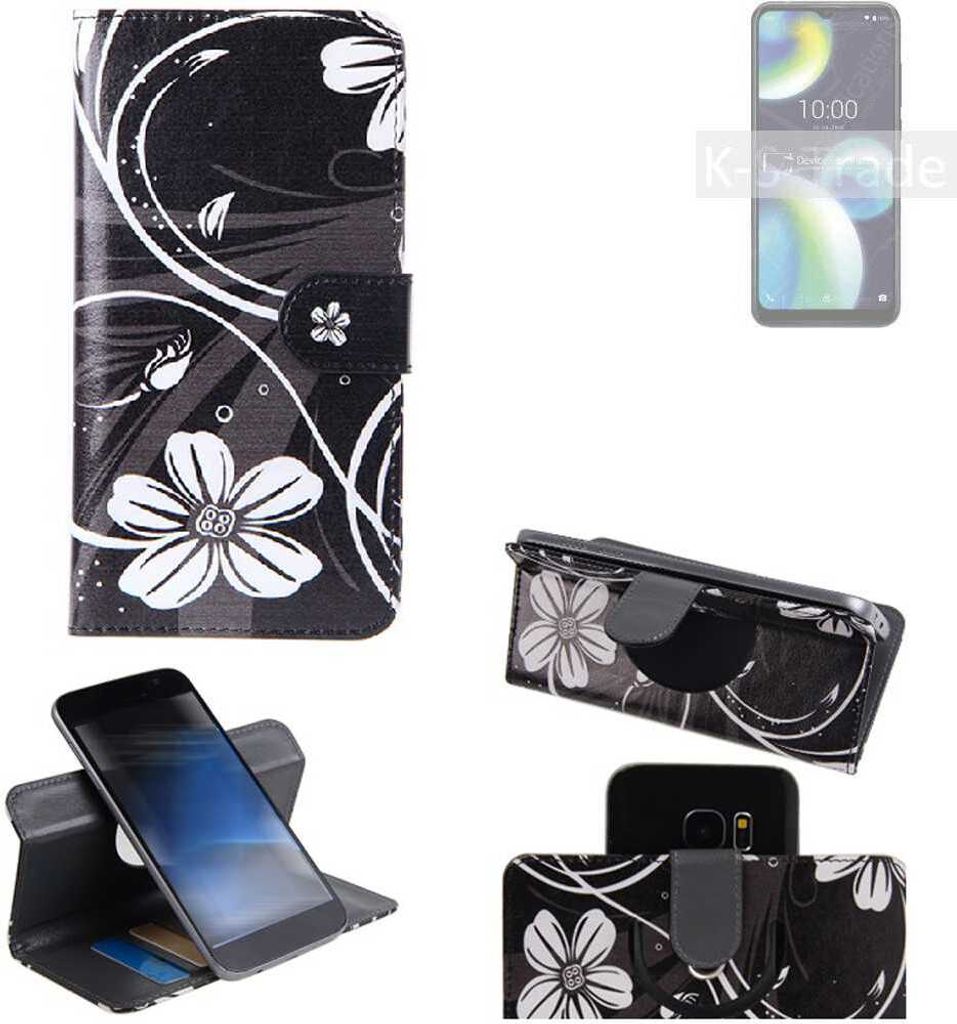 K-S-Trade Schutzhülle Handyhülle kompatibel mit Wiko View 4 Lite Hülle 360° Wallet Case ''Flowers'' Klapphülle Hülle schwarz-weiß 1x