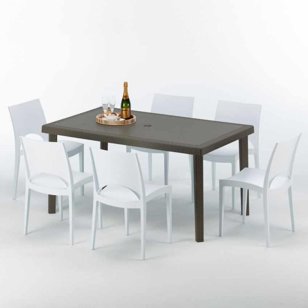 Polyrattan Tisch Rechteckig mit 6 Bunten Stühlen 150x90 Braun Focus