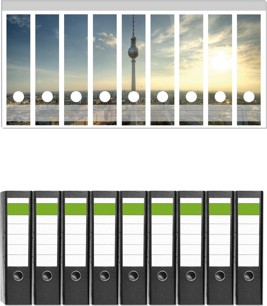Wallario 9 Stück breite Ordner inkl. Klebeetiketten mit Motive Fernsehturm Berlin mit Panoramablick über die Stadt - Set mit Rückenschildern / O...