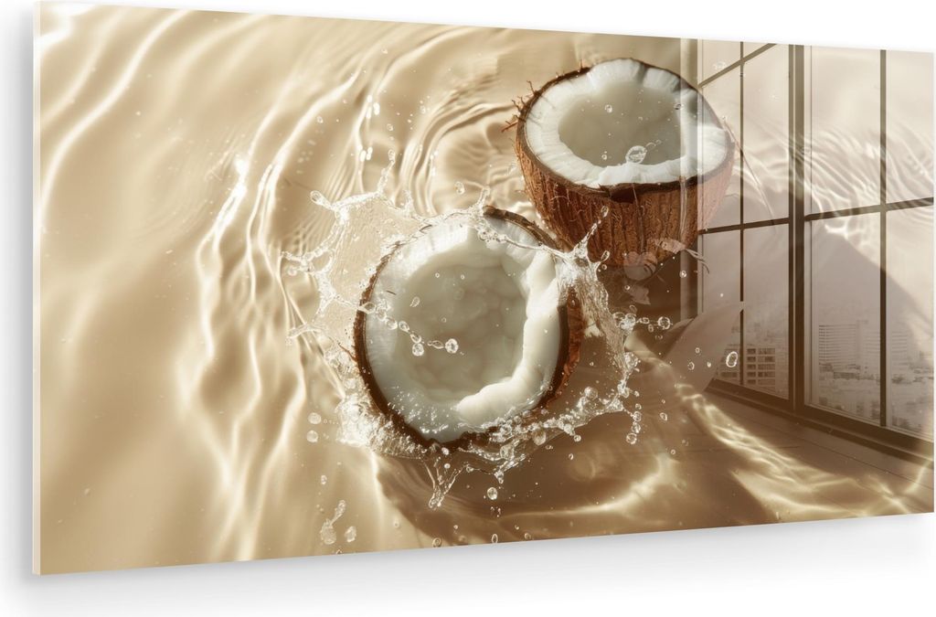 MuchoWow Glasbilder - Bilder auf Wandbild - Foto auf Glas Kokosnuss - Wasser - Beige - Spritzer 80x40 cm Wanddekoration aus Glas - Acrylglasbild - ...