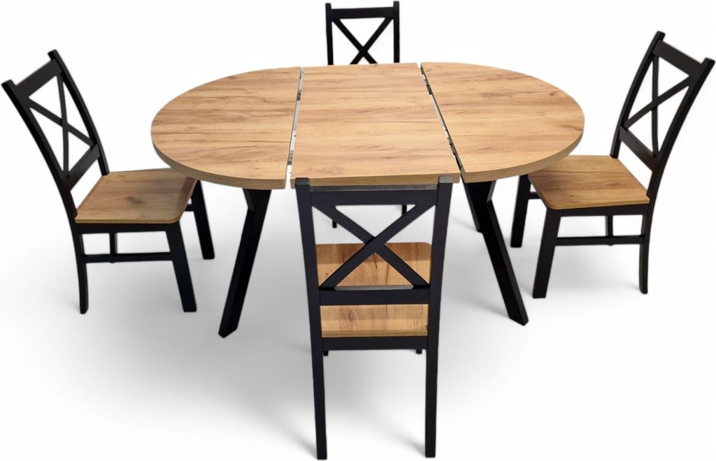 A round dining table with four chairs, set against a white background.