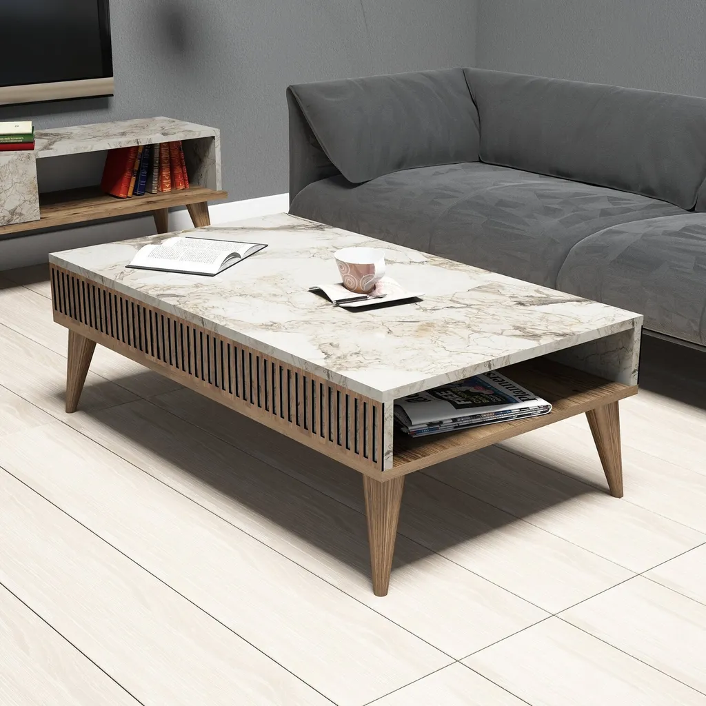 Skye Decor, Milano - Noce, Marmo bianco, tavolini, noce, 105 x 34,6 x 60 cm