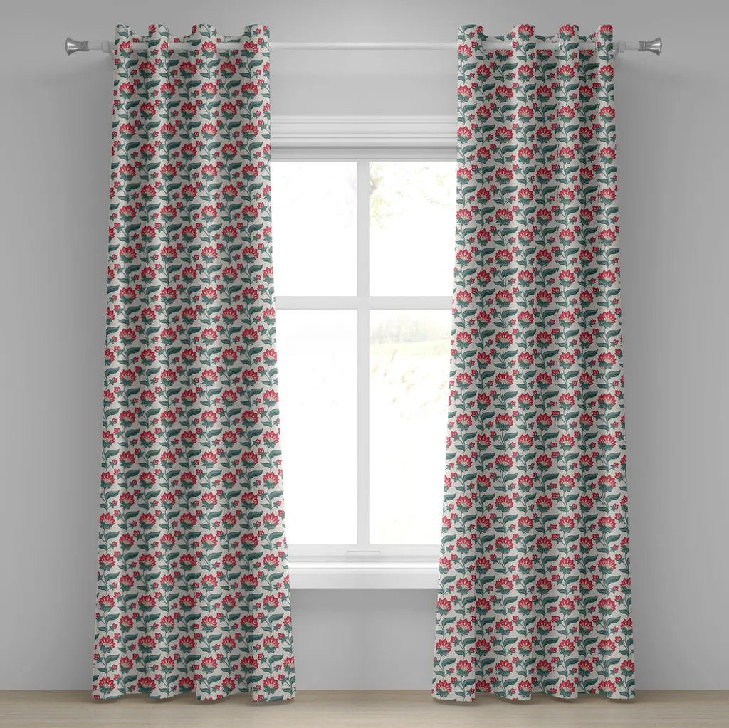 ABAKUHAUS Rideaux à œillets style jacobéen motif floral 280x245cm Corail