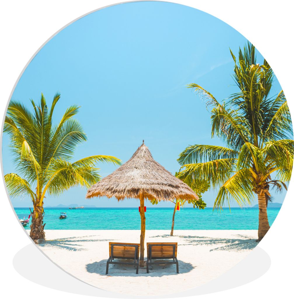 MuchoWow Rundes Wandbild - Runde Bilder Strand - Sonnenschirm - Palme Ø 60 cm Kreis Wanddekoration Kunststoff - Wandkreis - Wandschmuck - Wand K...