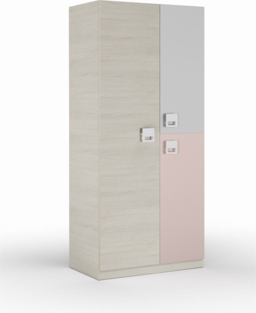 Manchester Kleiderschrank, Kleiderschrank für Schlafzimmer, Schrank mit 3 Türen und 3 Regalen mit Kleiderstange, cm 90x52h200, Grau und Rosa