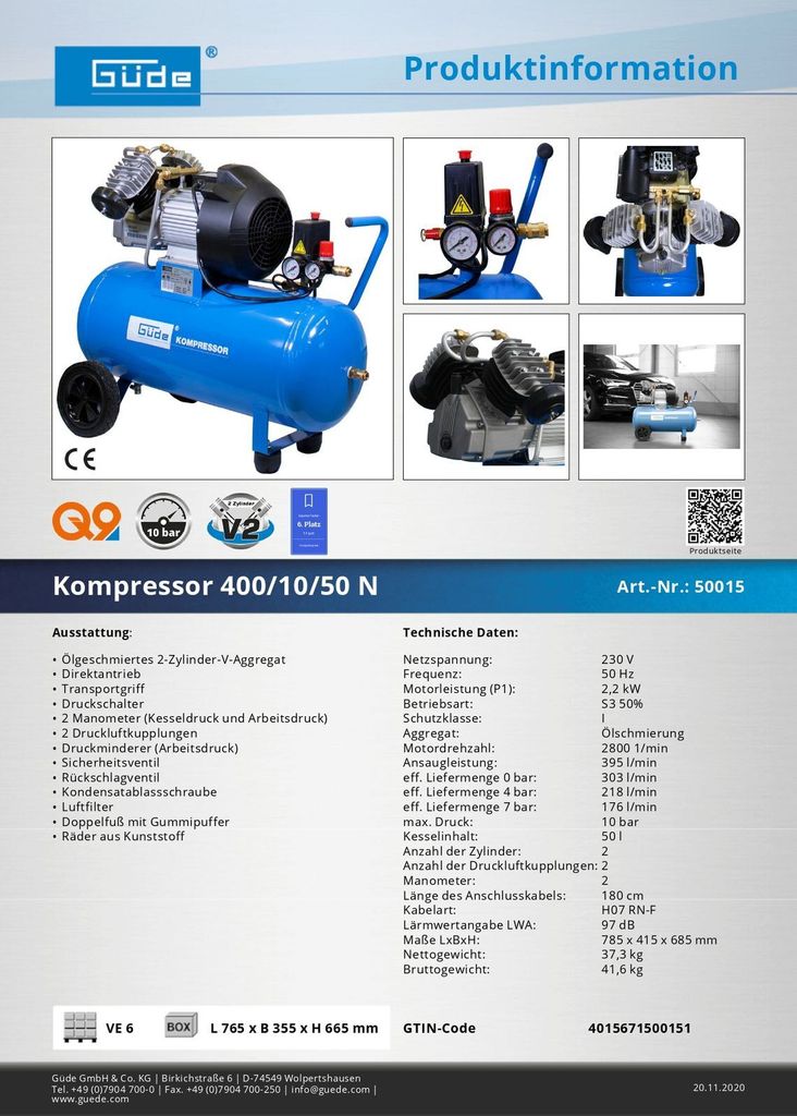GÜDE 50015 kompresor 400/10/50 N Obrázek produktu 6