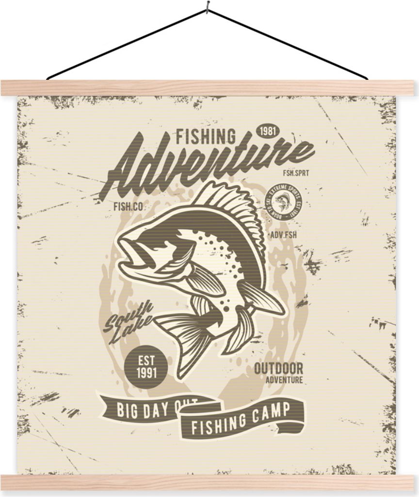 MuchoWow Textilposter Fisch - Retro - Zitat 60x60 cm mit holzfarbenen Rahmen - Wanddekoration