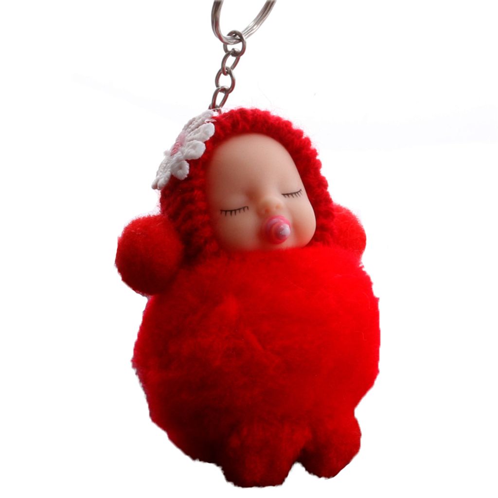 Flauschige Nippel Hand Fuß schlafende Babypuppe Pompon Schlüsselanhänger Schlüsselanhänger Taschenanhänger-Rot
