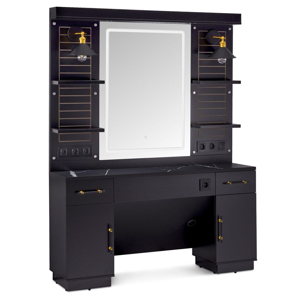 Schminktisch mit 2 Schubladen, Schminktisch mit Spiegel, Spiegelschrank aus Holz, Bedienungsplatz mit 4 Ablagen & 2 Spiegeltisch Modern 3169 (Schwarz)