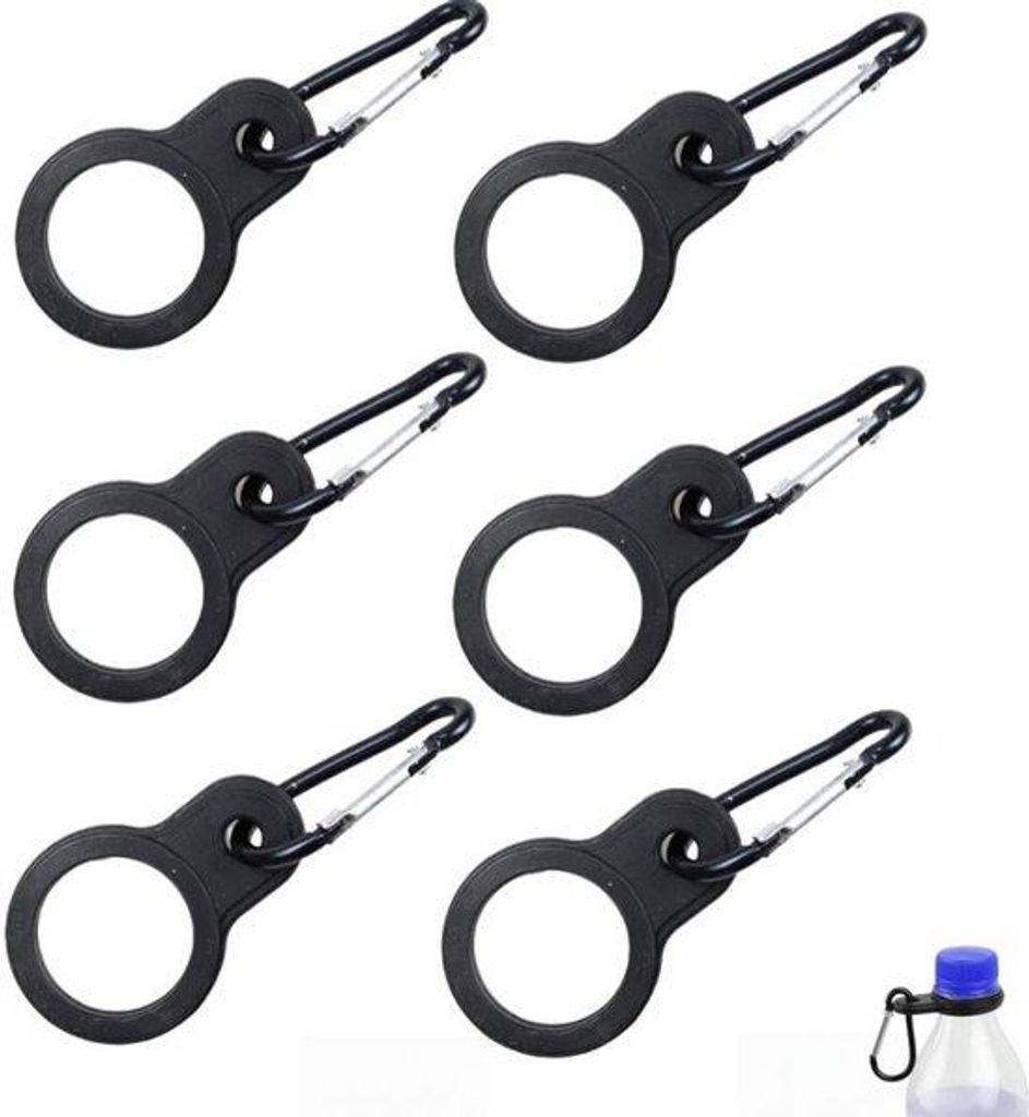 Silikon Wasserflaschenhalter mit Karabinerhaken - 6 Stück - 100 x 36 mm - schwarz - Reisezubehör für Wandern, Camping und Ausflüge