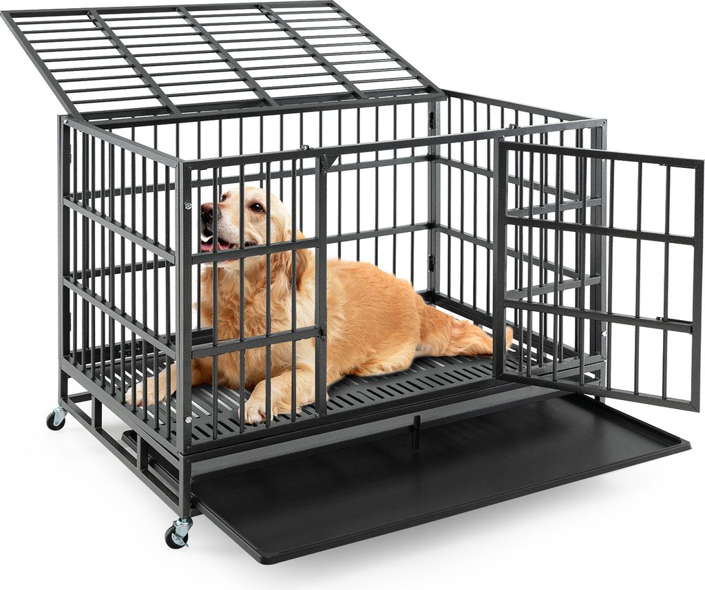 COSTWAY Hundekäfig faltbar mit 2 Türen, Rollen & ausziehbarem Tablett, Transportbox Metall, Hundebox für große & extragroße Hunde 120x76x90cm