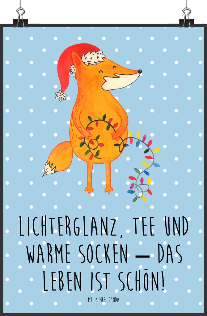 Mr. & Mrs. Panda Bild Fuchs Weihnachten DIN A2 - Blau Pastell - Geschenk, Wandbild, Kunstdruck, drucke, Füchse, Weihnachtszeit, Plakat, Winter, Ni...