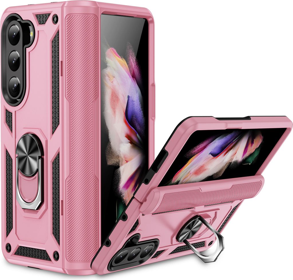 Hülle für Samsung Galaxy Z Fold 5 Dual Layer Militäre Scharnierschutz Schutzhülle mit Ringhalterung Ständer Roségold
