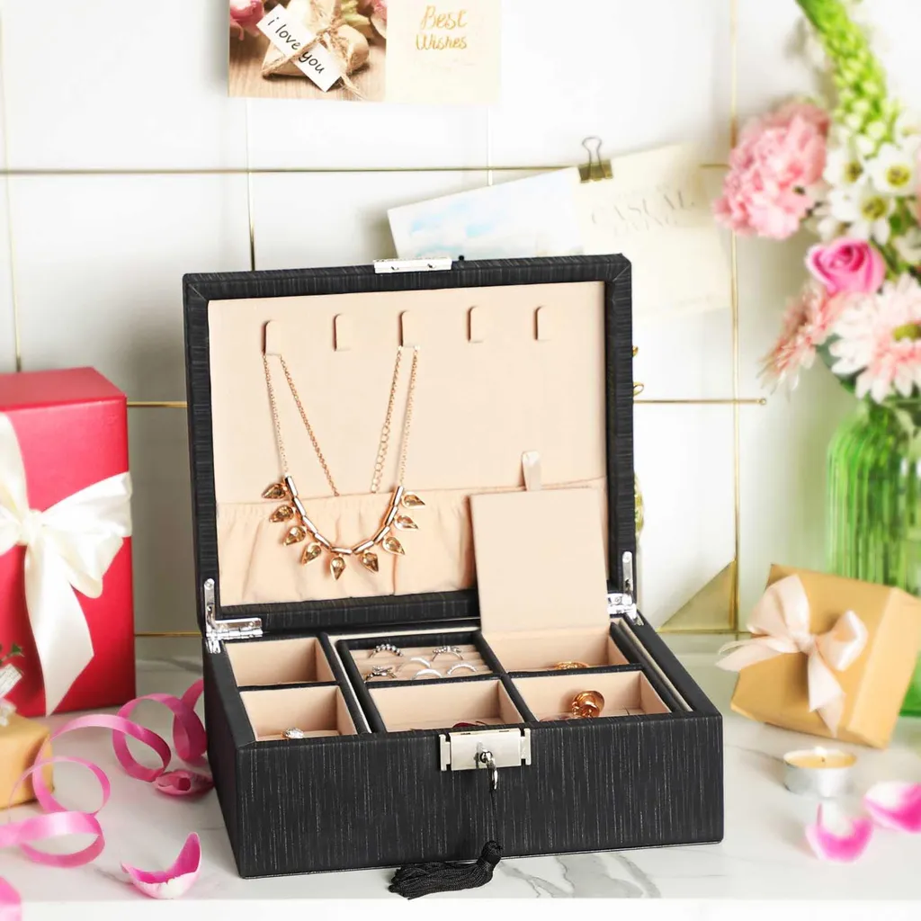 Rangement bijoux verrouillable noir : coffret pour coiffeuse - 3