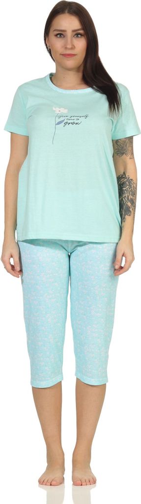 Damen Capri Schlafanzug Pyjama kurzarm mit tollen Blümchen Design - 66634 ; mint , 36
