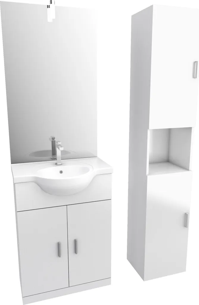 Aménagement salle de bain 60cm : meuble blanc avec vasque, miroir LED et colonne