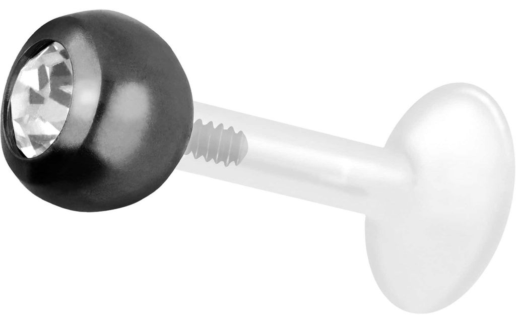 Ohrpiercing, Nasenpiercing PTFE Labret mit Innengewinde + Titan-Aufsatz KRISTALL Schwarz Stablänge: 10mm + Stabstärke: 1,2mm + Kugelgröße: 5mm