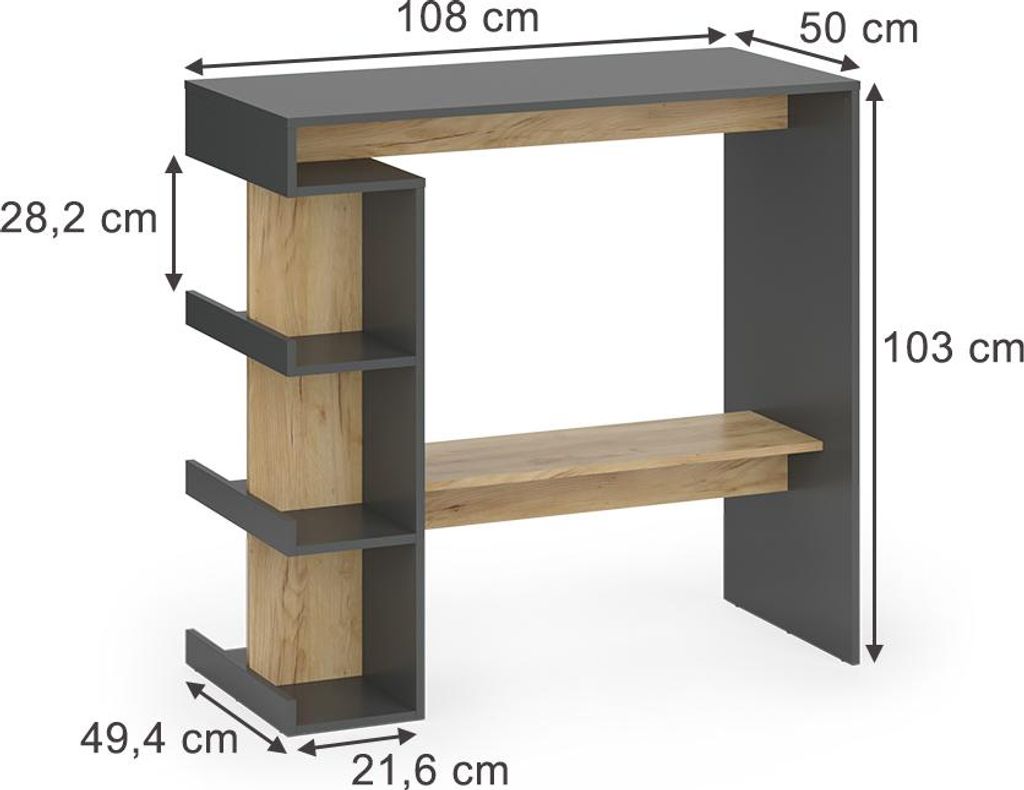 Table Style Bar Vicco Repose Anthracite/Chêne Doré - 67x100cm Avec Rangement