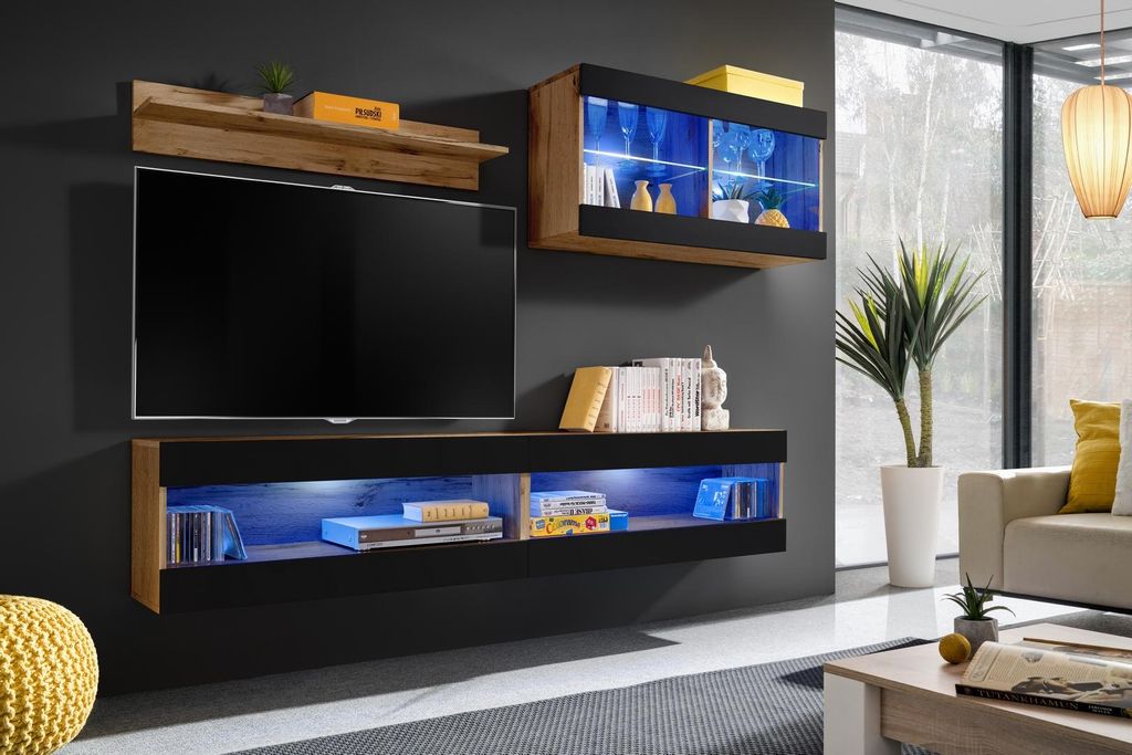 Komodee, Set, Möbel, Tivoli SET6, Wotan/Schwarz, Breite 200cm x Höhe 195cm x Tiefe 35cm, LED Blau, für Wohnzimmer, Schlafzimmer