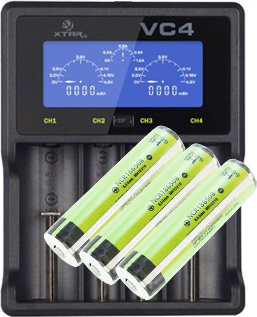 Panasonic 18650 Li-Ion Akku geschützt mit 3,7 Volt, 3400mAh 3 Stück und LCD-Schnell-Ladegerät