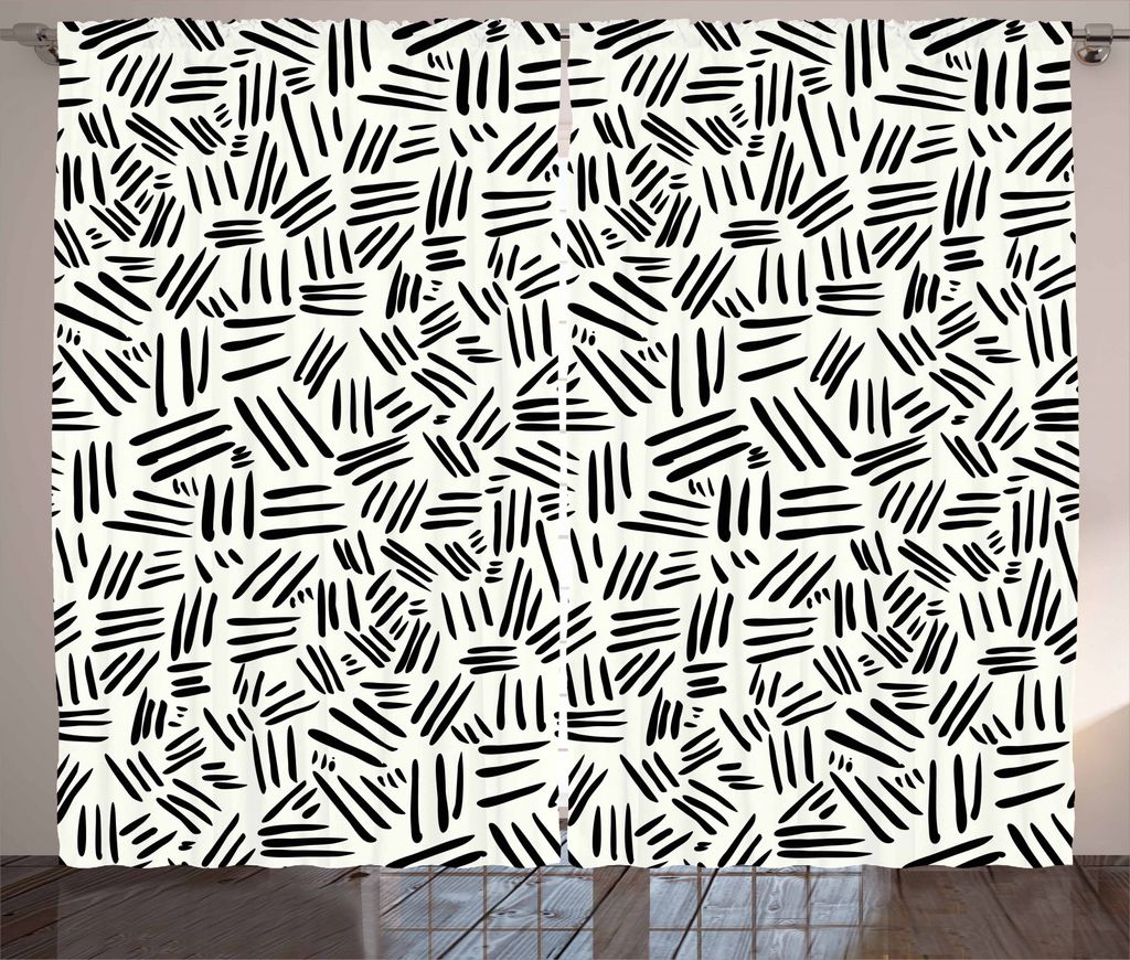 ABAKUHAUS Elfenbein und Schwarz Rustikaler Vorhang, Von Hand gezeichnet Stripes, Wohnzimmer Universalband Gardinen mit Schlaufen und Haken, 280 x 2...