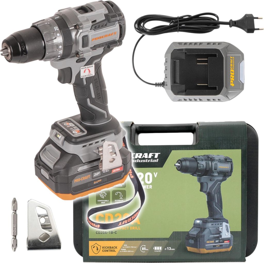 Procraft Industrial CD20A Akku Schlagbohrschrauber 20 V 85 Nm + 1x Akku 4,0 Ah + Ladegerät + Koffer