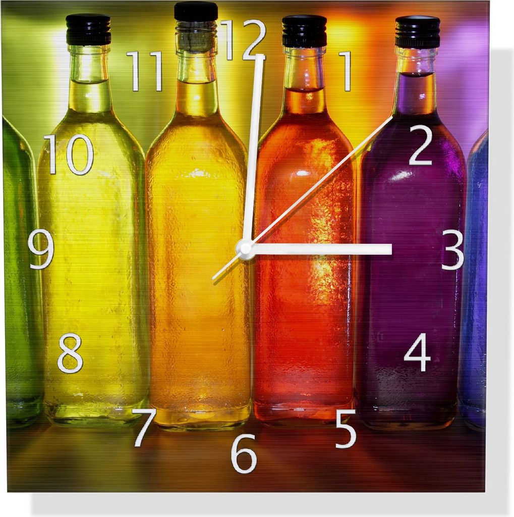 Wallario Design Wanduhr Blau-lila Flaschen aus Aluverbund, Größe 30 x 30 cm