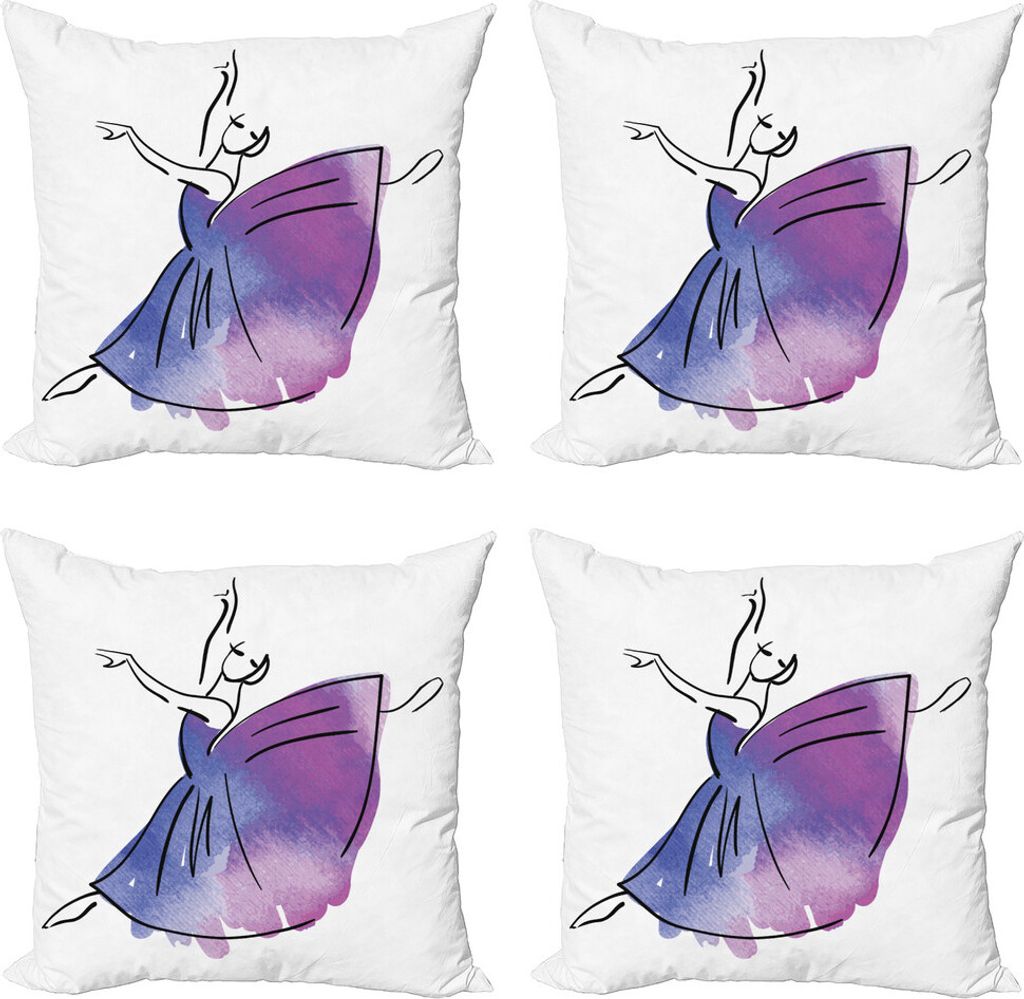 ABAKUHAUS Ballett Kissenbezug Set (4 Stück), Doodle Stil Ballerina, Moderner Doppelseitiger Digitaldruck, 40 cm x 40 cm, Lavendel-Blau-Violett