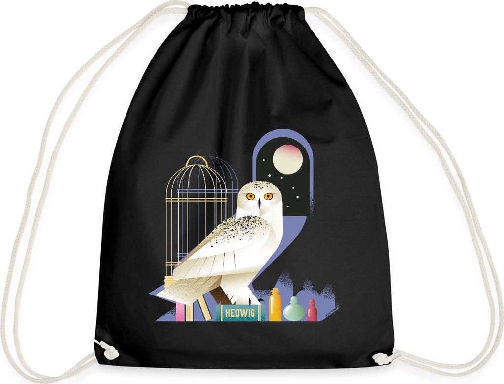 Spreadshirt Harry Potter Eule Hedwig Bei Nacht Turnbeutel, One size, Schwarz