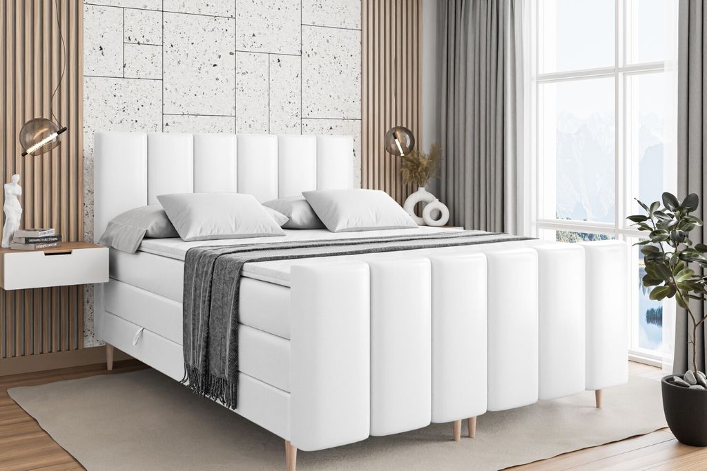 ALTDECOR Boxspringbett mit Holz Füßen, Matratze und Lattenrost, Topper, Fußteil, Polsterbett mit Bettkasten, Bett mit Stauraum H3- und H4- Matra...