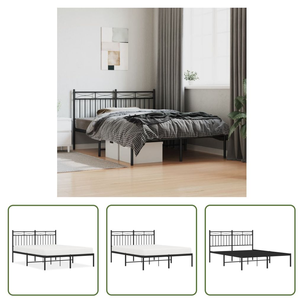 The Living Store Bettgestell mit Kopfteil Metall Schwarz 135x190 cm