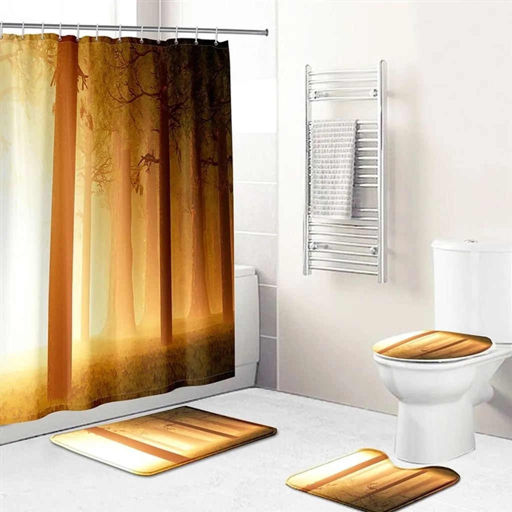 Set da 4 per il bagno con motivo foresta, con tenda da doccia impermeabile, tappeti antiscivolo, coperchio del water e tappetino da bagno, stile 4