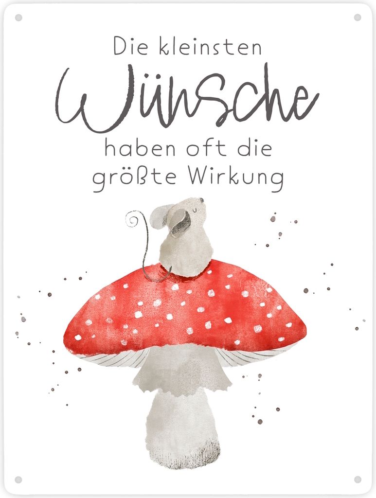 Maus auf Fliegenpilz Metallschild XXL in 28x38 cm mit Spruch Kleinste Wünsche