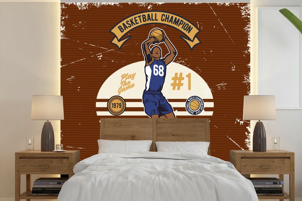 MuchoWow Fototapete für Wohnzimmer oder Schlafzimmer Wandtapete Vinyl Motivtapete Mancave - Basketball - Vintage - Rot - 350x350 cm - Schlafzimm...