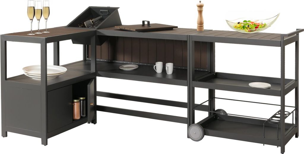 Aluminium Outdoor-Küche 3-teilig MCW-M64, Außenküche Garten Servierwagen Eiskübel Schrank anthrazit, dunkle Holzoptik