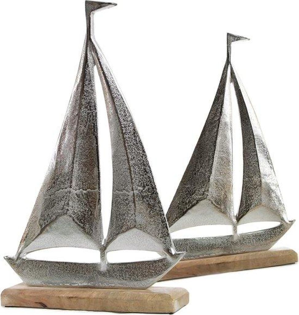 Maritieme Dekorationsset, 2-Schiff-Set aus Metall und Holz, Segelboot-Figuren, Geschenk, Silberfarbenes Geschenk
