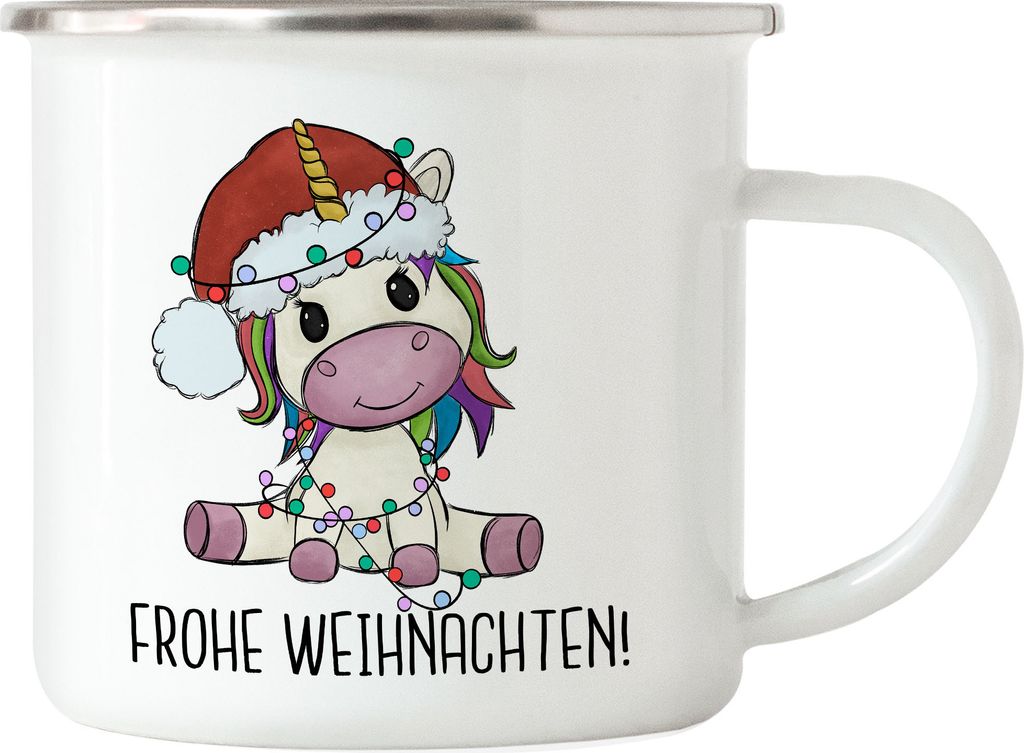 Frohe Weihnachten Emaille-Tasse Geschenkidee Einhorn-Fans Unicorn Süßes Motiv für Weihnachten für Kinder