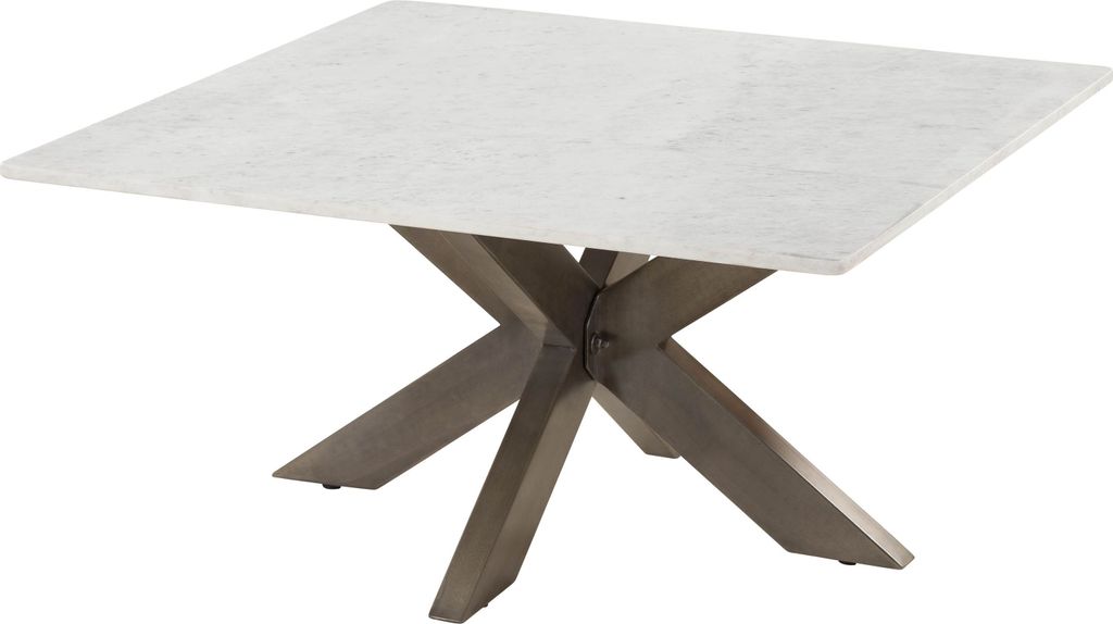 MASSIVMOEBEL24 Couchtisch quadratisch 90x90x45 Marmor weiß / Kreuzgestell Eisen Antik Grau BARCELONA #306