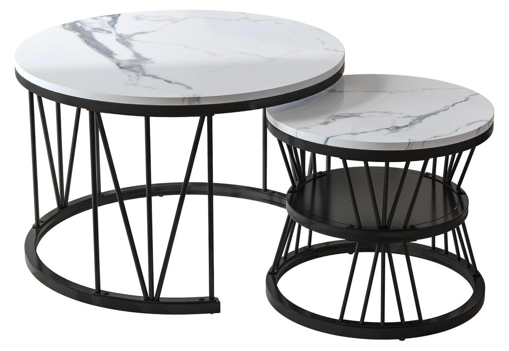 Couchtisch 2er-Set - Runde Satztische - Modern minimalistisch - Holzgestell - Zum Selbstmontieren - Ohne Rollen - Schwarz