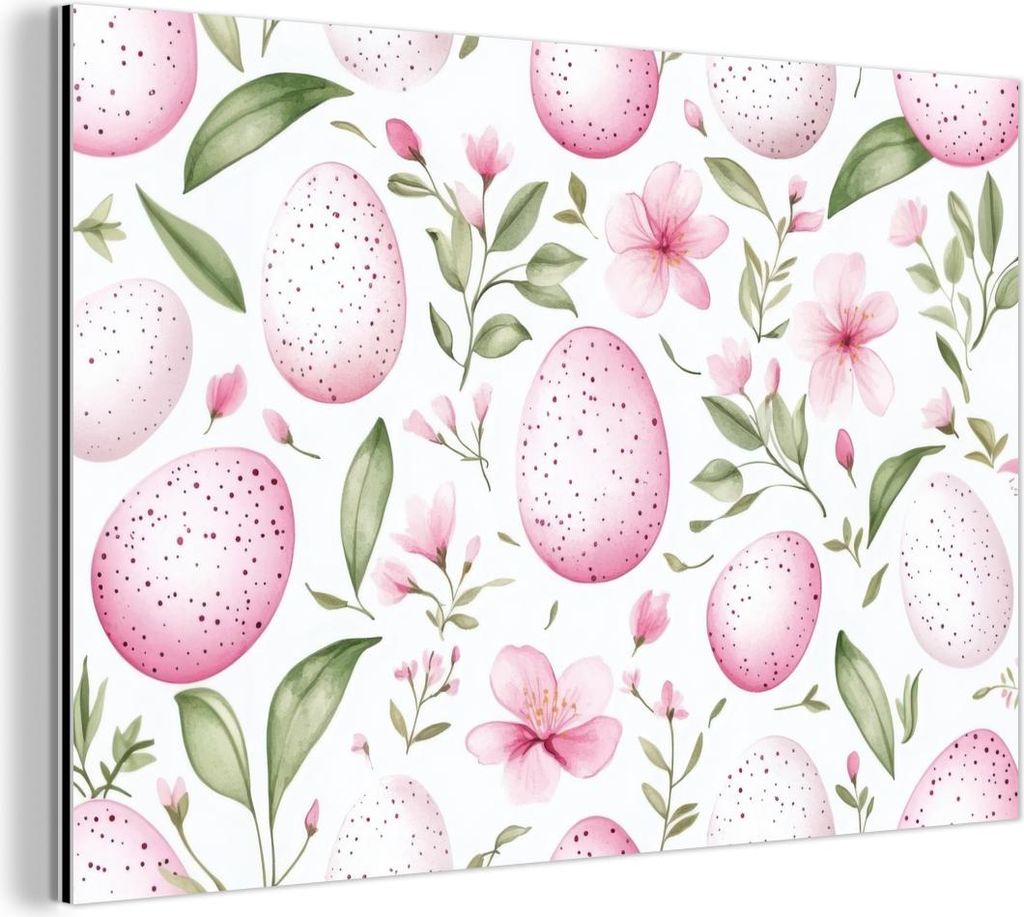MuchoWow Wanddekoration Metall Metallbild Wandkunst 60x40 cm Muster - Eier - Rosa - Ostern MuchoWow Aluminium Gemälde - Gemälder