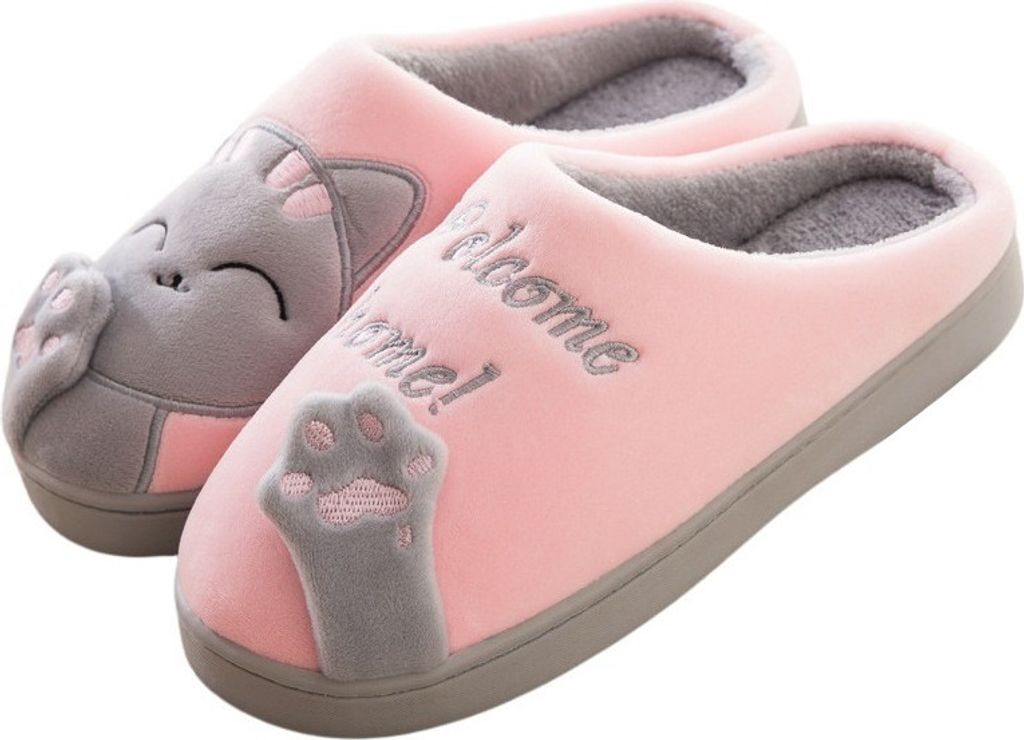 Damen Herren Hausschuhe Pantoffeln Plüsch Slippper Welcome Home Rosa Gr.40/41