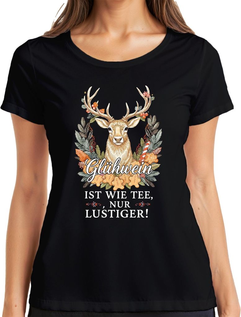 Glühwein ist wie Tee nur viel lustiger Weihnachten Retro Hirsch Damen T-Shirt, Schwarz, S