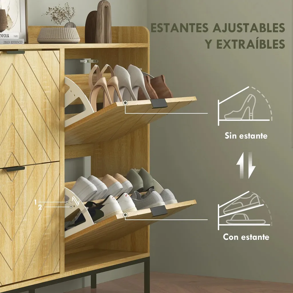Armoire à chaussures étroite en chêne avec 4 compartiments rabattables - 5