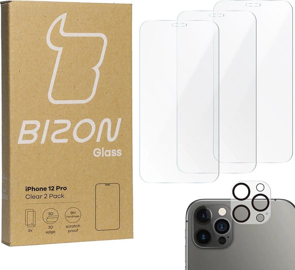 BIZON Clear 3x Bildschirmglas + Kameraglas Apple iPhone 12 Pro