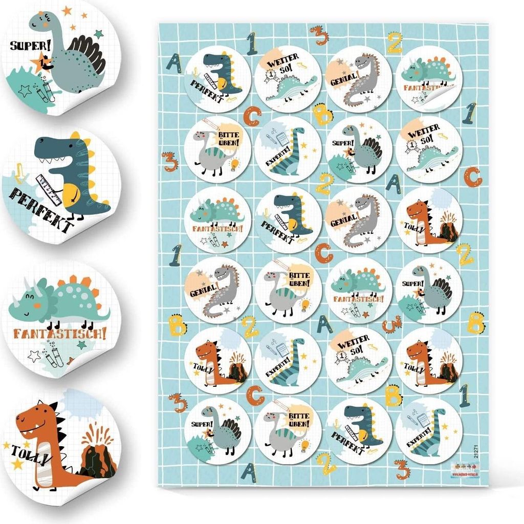 Logbuch-Verlag 24 motivierende Aufkleber mit Dinosaurier-Motiv rund 4 cm selbstklebend für Kinder - Lob Belobigung Belohnungsaufkleber Schule24 Au...
