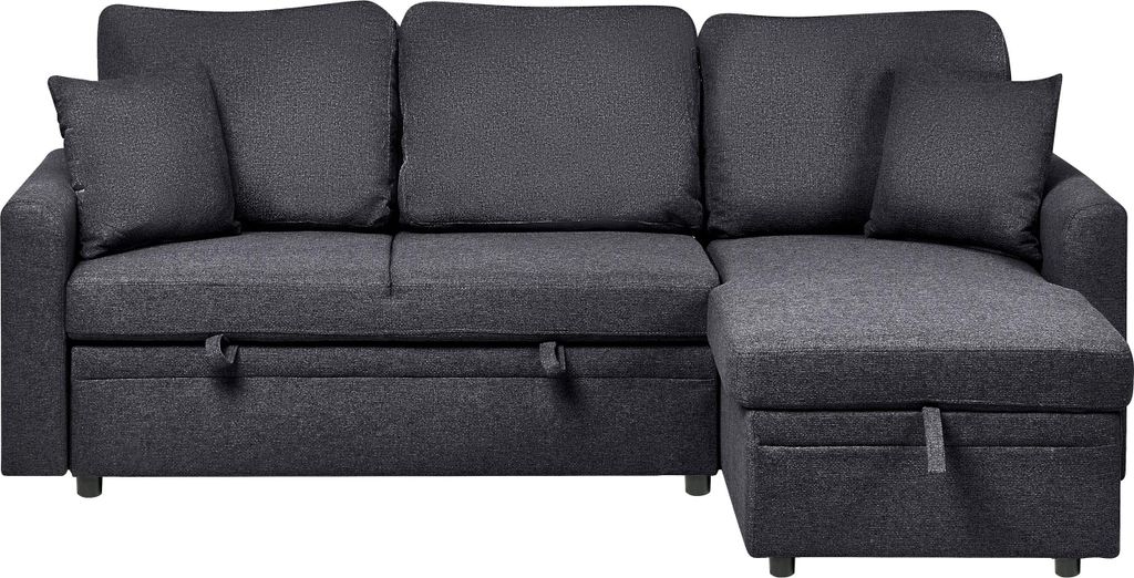 BELIANI Ecksofa mit Schlaffunktion Schwarz Kunstleinen Stoff L-Förmig 3-Sitzer Sofa Linksseitig mit Stauraum Kissen Gepolstert Stoffsofa Schlafcouch