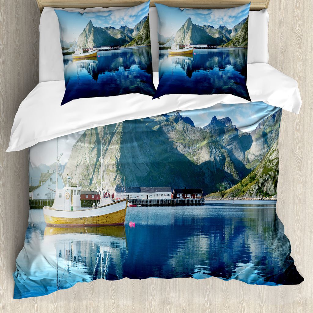 ABAKUHAUS Landschaft Bettbezugs Set Für Doppelbetten, Sonnenuntergang See am Hafen, Milbensicher Allergiker geeignet mit Kissenbezügen, Blau