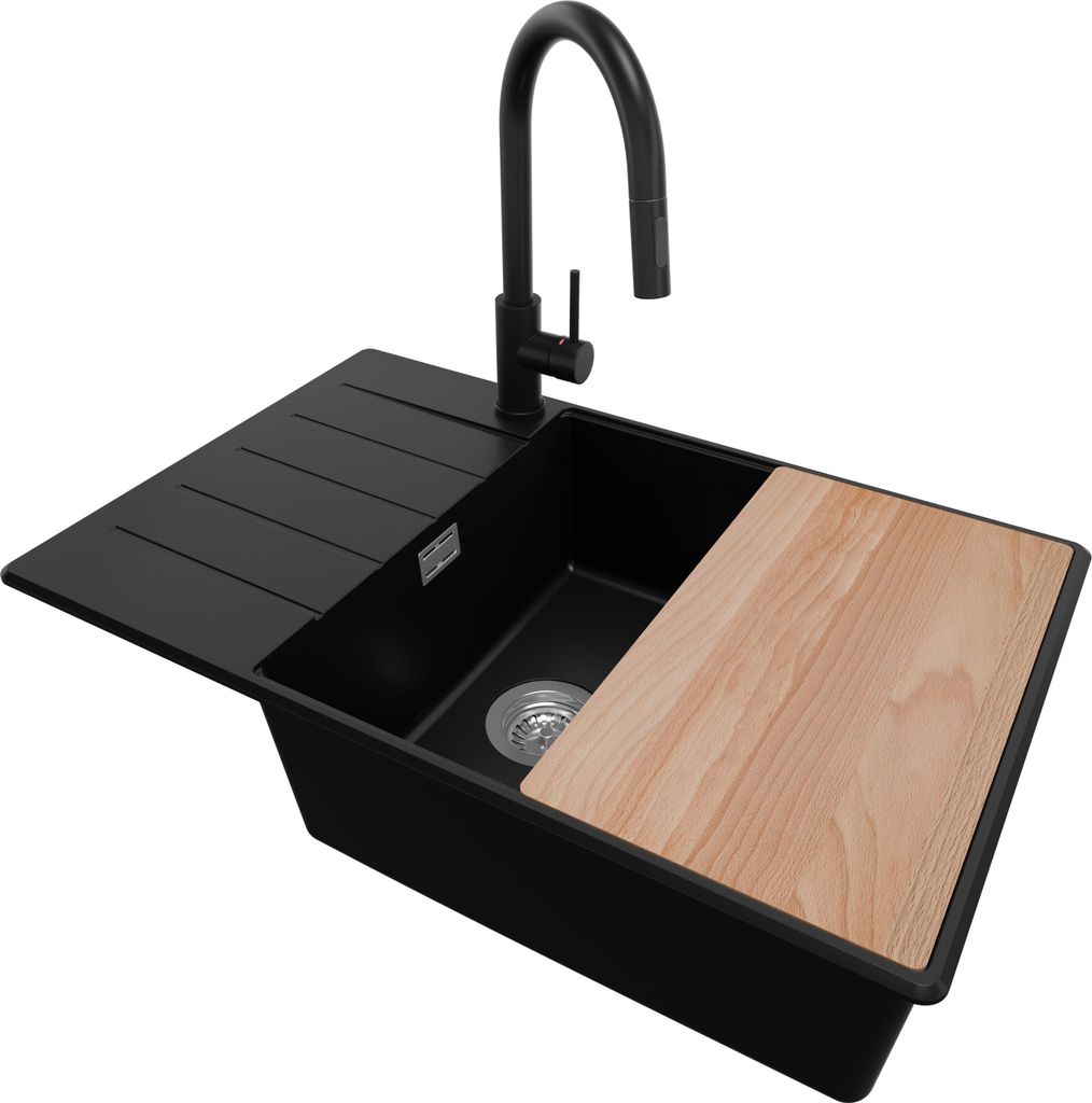 PRIMAGRAN Granitspüle Schwarz 78x50cm, Spülbecken 1 Becken + Küchenarmatur 40x20cm + Ablauf-Set + Schneidebrett, Küchenspüle ab 60er Unterschr...